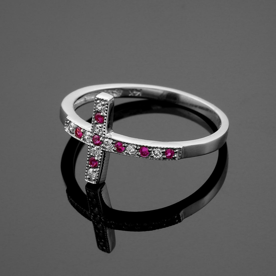 Ruby and Diamond Sideways Cross Ladies Gold Ring (yellow, white, rose gold, 10K, 14K) Karma Blingz