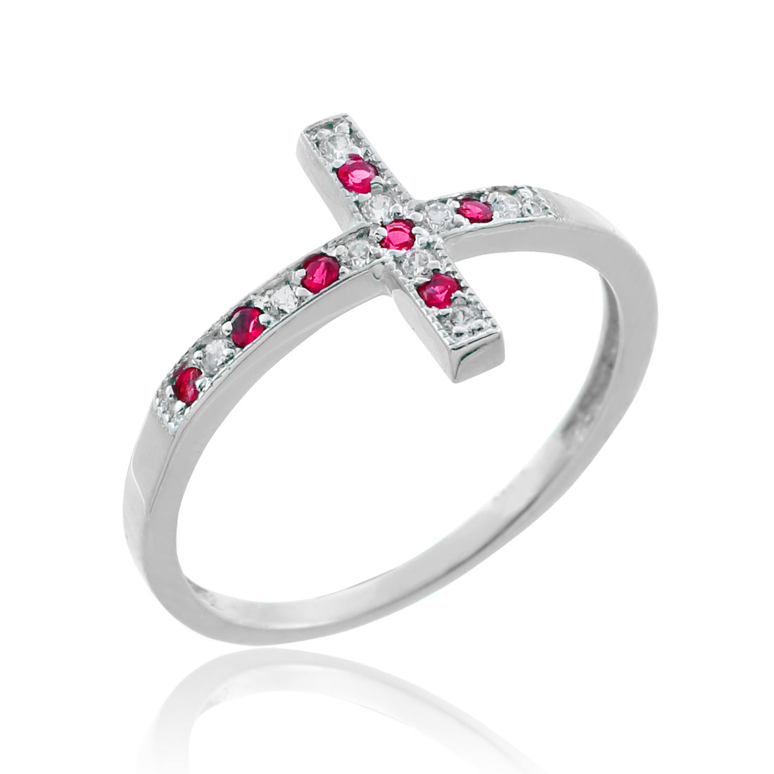 Ruby and Diamond Sideways Cross Ladies Gold Ring (yellow, white, rose gold, 10K, 14K) Karma Blingz