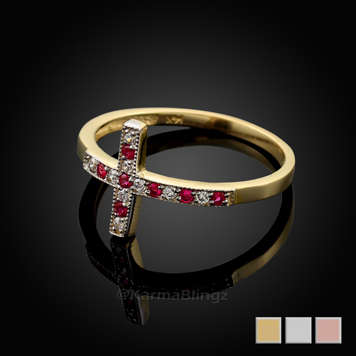 Ruby and Diamond Sideways Cross Ladies Gold Ring (yellow, white, rose gold, 10K, 14K) Karma Blingz