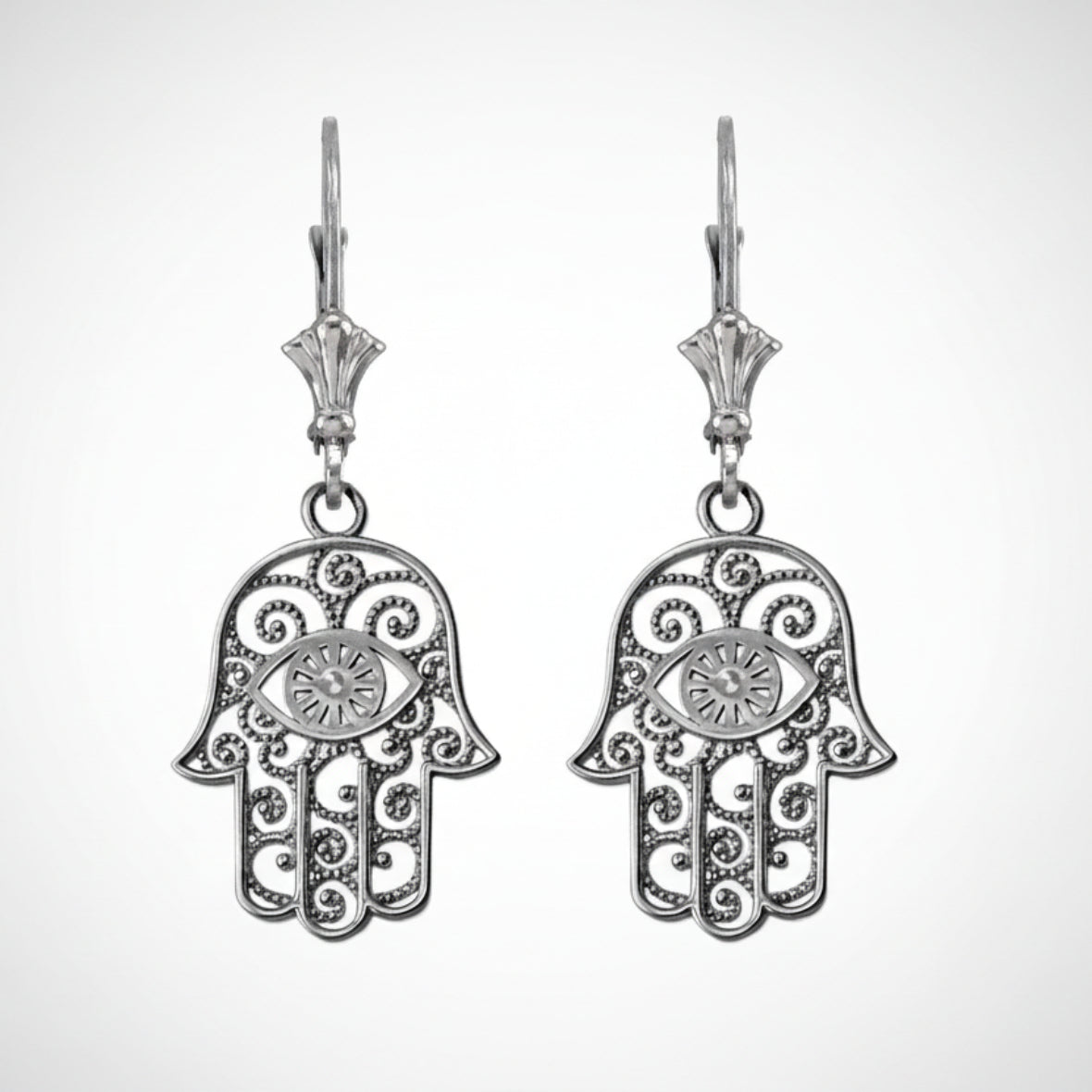 Gold Hamsa Evil Eye Filigree Earrings (yellow, white, rose gold) Karma Blingz