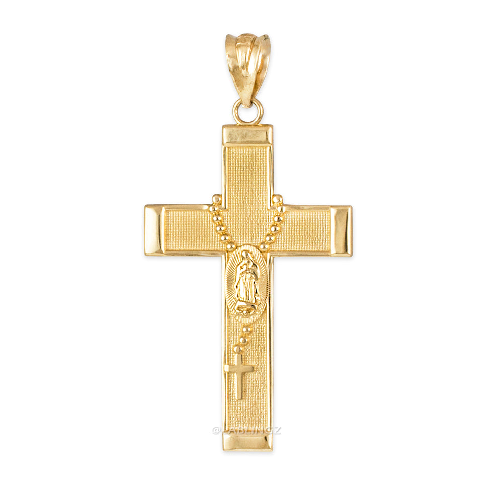 Gold Guadalupe Cross Rosary Pendant Necklace (10k, 14k, yellow, white, rose gold, two-tone gold) Karma Blingz
