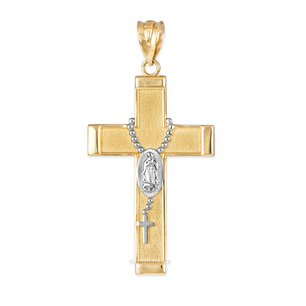 Gold Guadalupe Cross Rosary Pendant Necklace (10k, 14k, yellow, white, rose gold, two-tone gold) Karma Blingz