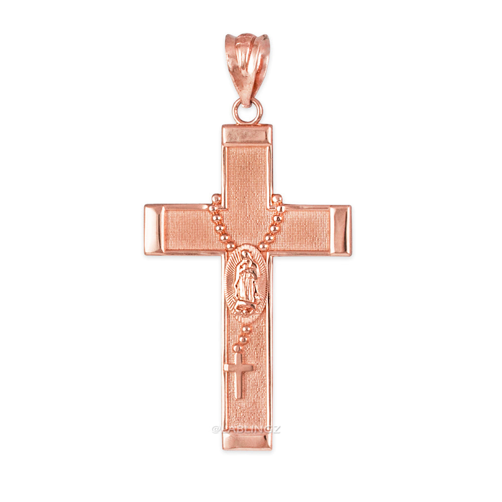 Gold Guadalupe Cross Rosary Pendant Necklace (10k, 14k, yellow, white, rose gold, two-tone gold) Karma Blingz