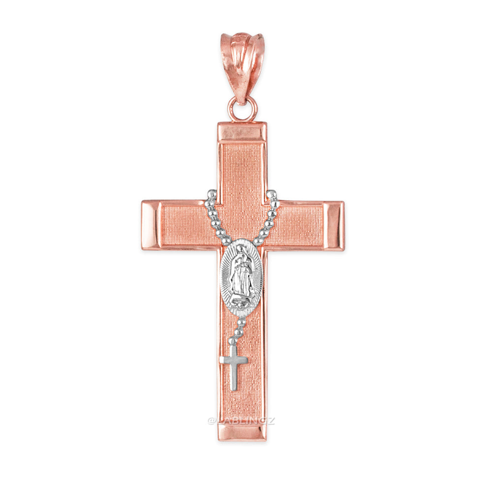 Gold Guadalupe Cross Rosary Pendant Necklace (10k, 14k, yellow, white, rose gold, two-tone gold) Karma Blingz