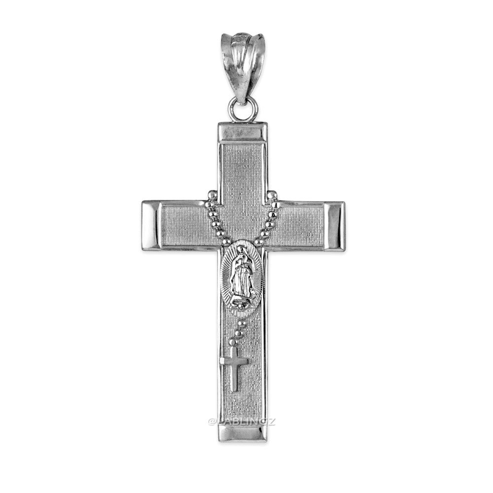 Gold Guadalupe Cross Rosary Pendant Necklace (10k, 14k, yellow, white, rose gold, two-tone gold) Karma Blingz