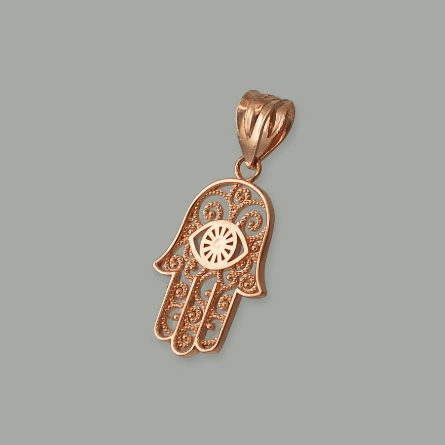 Gold Hamsa Evil Eye Filigree Charm Necklace (yellow, white, rose gold, 10K, 14K) Karma Blingz
