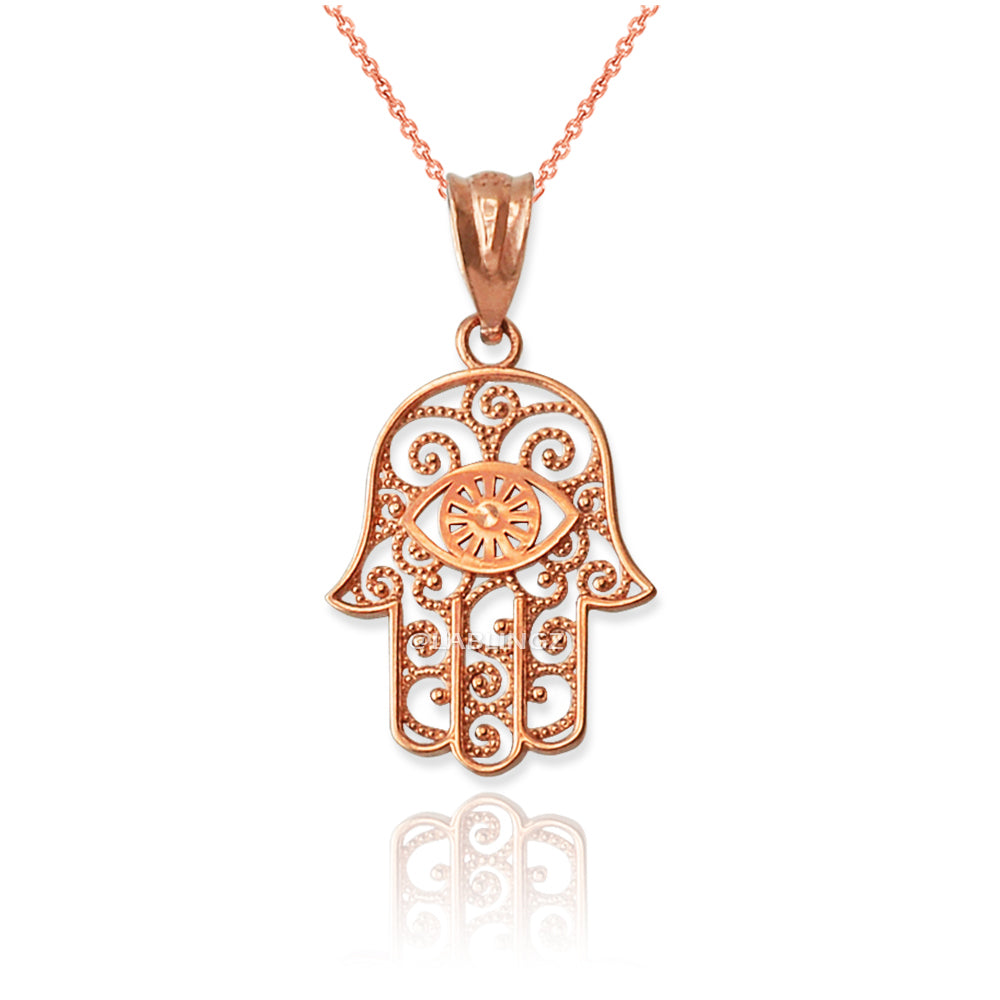 Gold Hamsa Evil Eye Filigree Charm Necklace (yellow, white, rose gold, 10K, 14K) Karma Blingz