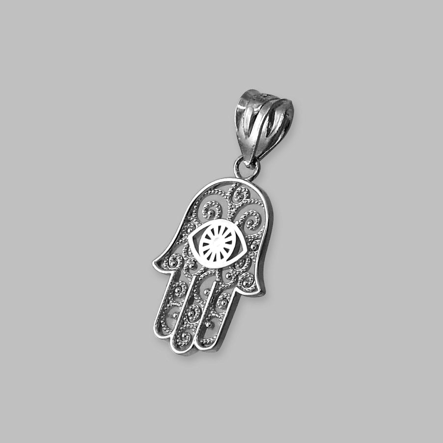 Gold Hamsa Evil Eye Filigree Charm Necklace (yellow, white, rose gold, 10K, 14K) Karma Blingz