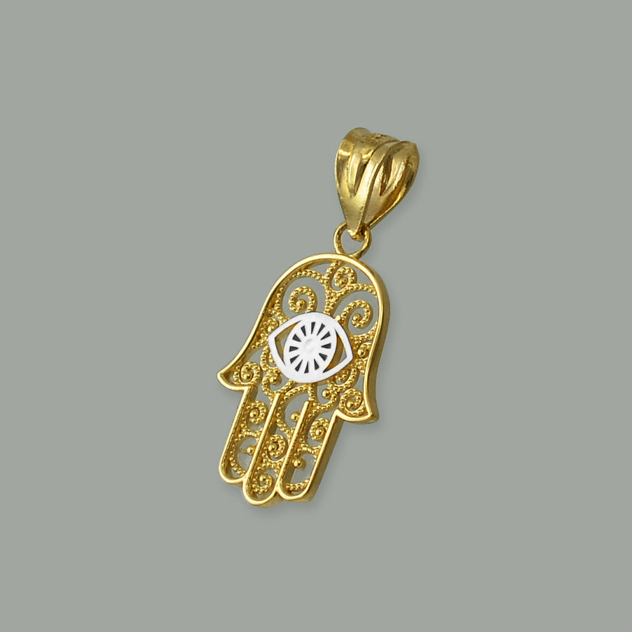 Gold Hamsa Evil Eye Filigree Charm Necklace (yellow, white, rose gold, 10K, 14K) Karma Blingz