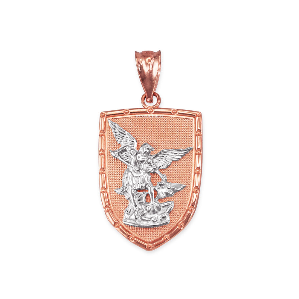 Gold St. Michael Shield Pendant Necklace (yellow, white, rose gold, 2-tone, 10K, 14K) Karma Blingz