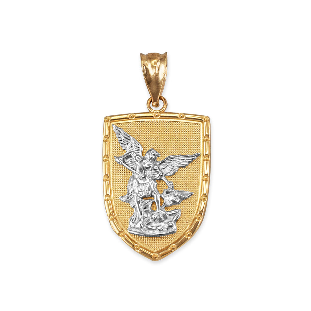 Gold St. Michael Shield Pendant Necklace (yellow, white, rose gold, 2-tone, 10K, 14K) Karma Blingz
