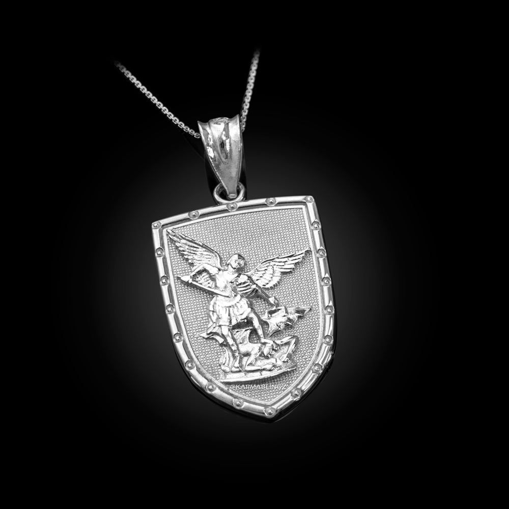 Gold St. Michael Shield Pendant Necklace (yellow, white, rose gold, 2-tone, 10K, 14K) Karma Blingz