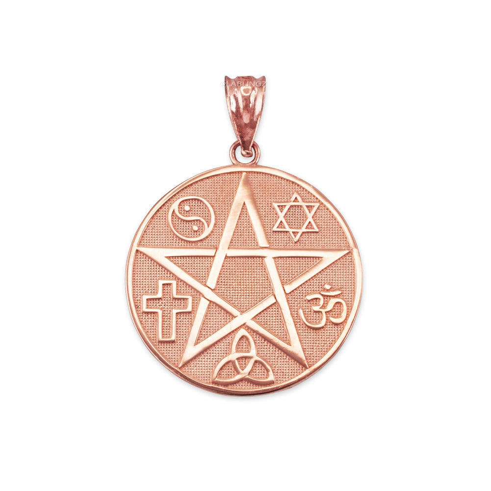 Gold Multicultural Pentacle Medallion Pendant Necklace (10K, 14K, yellow, white, rose gold) Karma Blingz