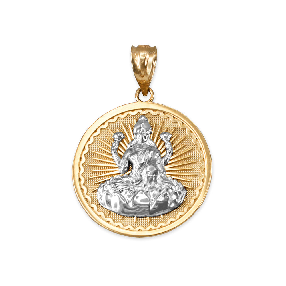 Gold Hindu Goddess Lakshmi (Luxmi) Coin Pendant Necklace (yellow, white, rose, 2-tone, 10K, 14K) Karma Blingz