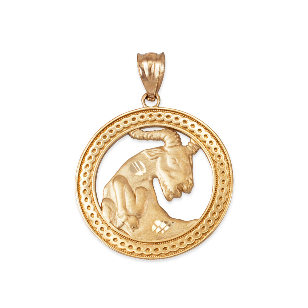 Gold Capricorn Zodiac Sign Medallion Pendant Necklace (yellow, white, rose, 10K, 14K) Karma Blingz