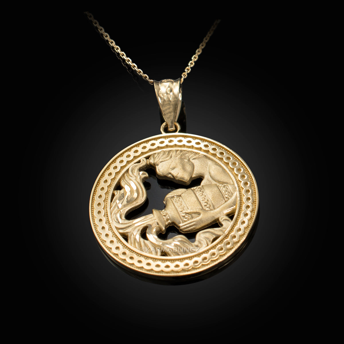 Gold Aquarius Zodiac Sign Medallion Pendant Necklace (yellow, white, rose, 10K, 14K) Karma Blingz