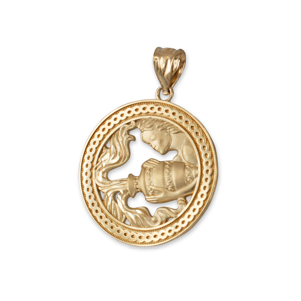 Gold Aquarius Zodiac Sign Medallion Pendant Necklace (yellow, white, rose, 10K, 14K) Karma Blingz