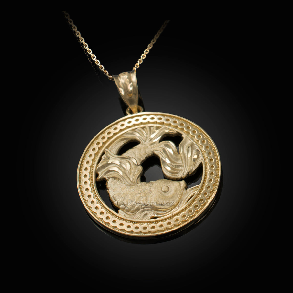 Gold Pisces Zodiac Sign Medallion Pendant Necklace (yellow, white, rose, 10K, 14K) Karma Blingz