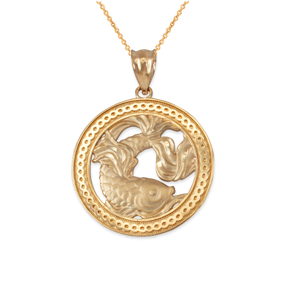 Gold Pisces Zodiac Sign Medallion Pendant Necklace (yellow, white, rose, 10K, 14K) Karma Blingz