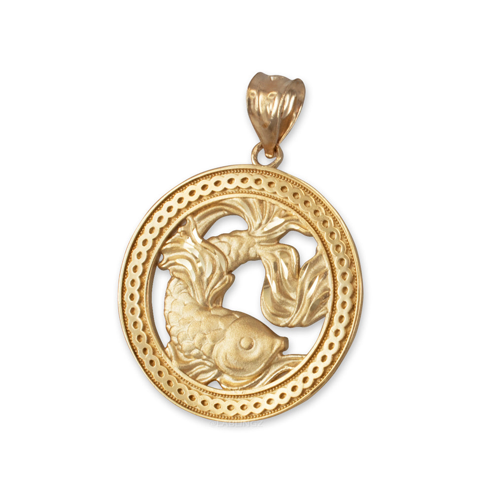 Gold Pisces Zodiac Sign Medallion Pendant Necklace (yellow, white, rose, 10K, 14K) Karma Blingz