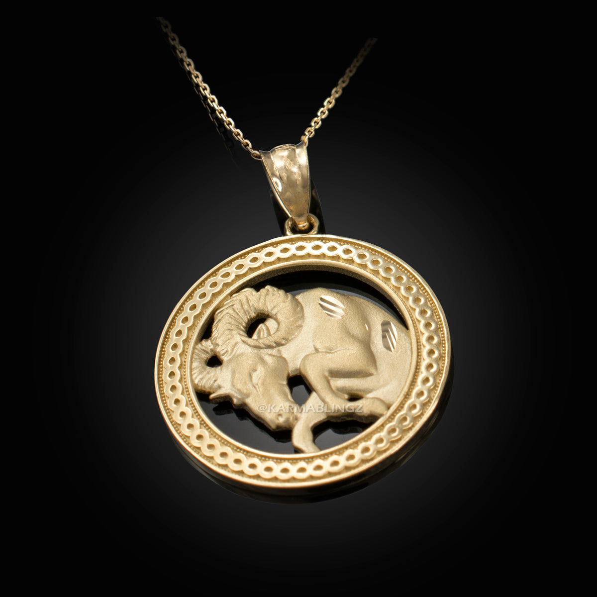 Gold Aries Zodiac Sign Medallion Pendant Necklace (yellow, white, rose, 10K, 14K) Karma Blingz