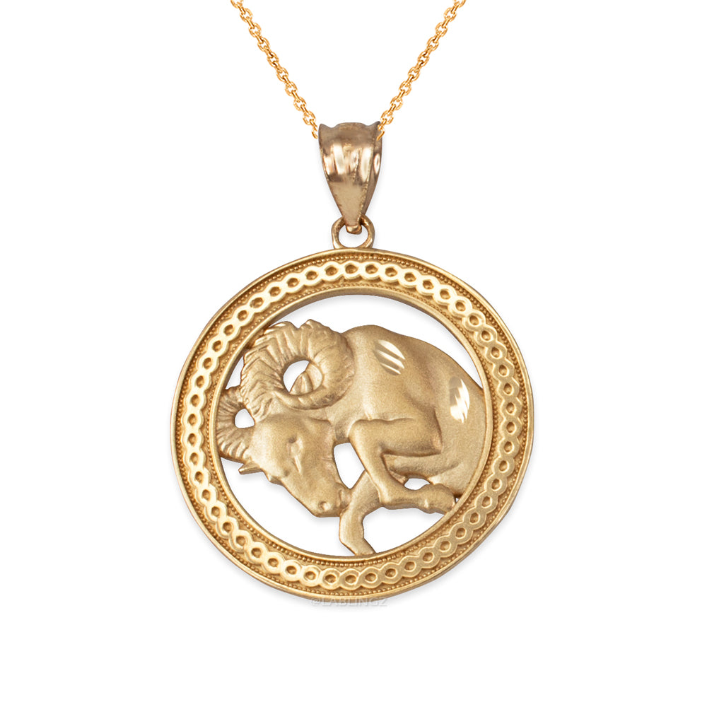 Gold Aries Zodiac Sign Medallion Pendant Necklace (yellow, white, rose, 10K, 14K) Karma Blingz