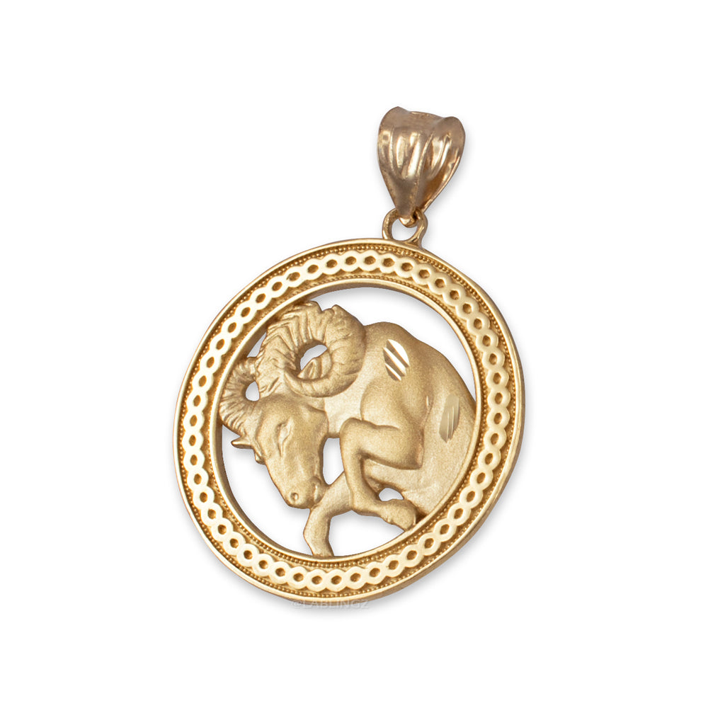 Gold Aries Zodiac Sign Medallion Pendant Necklace (yellow, white, rose, 10K, 14K) Karma Blingz