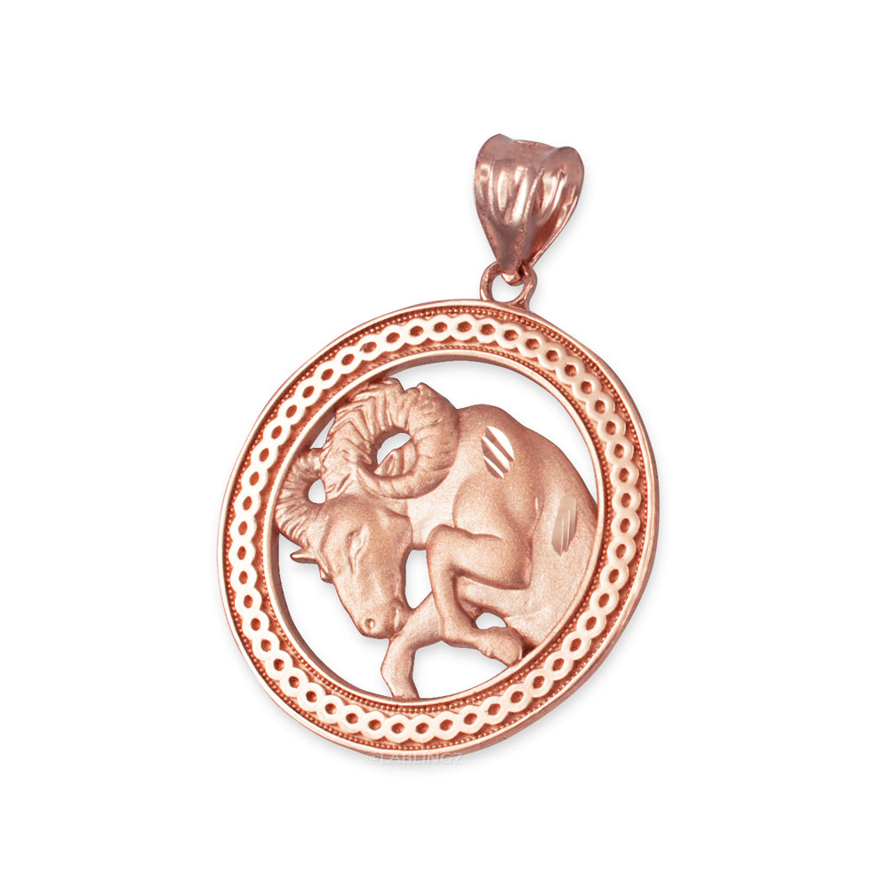 Gold Aries Zodiac Sign Medallion Pendant Necklace (yellow, white, rose, 10K, 14K) Karma Blingz