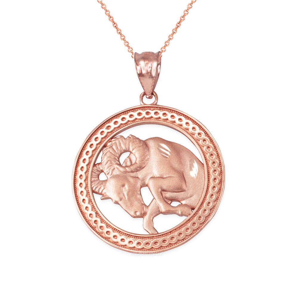 Gold Aries Zodiac Sign Medallion Pendant Necklace (yellow, white, rose, 10K, 14K) Karma Blingz