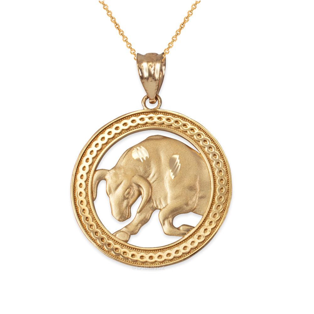 Gold Taurus Zodiac Sign Medallion Pendant Necklace (yellow, white, rose, 10K, 14K) Karma Blingz