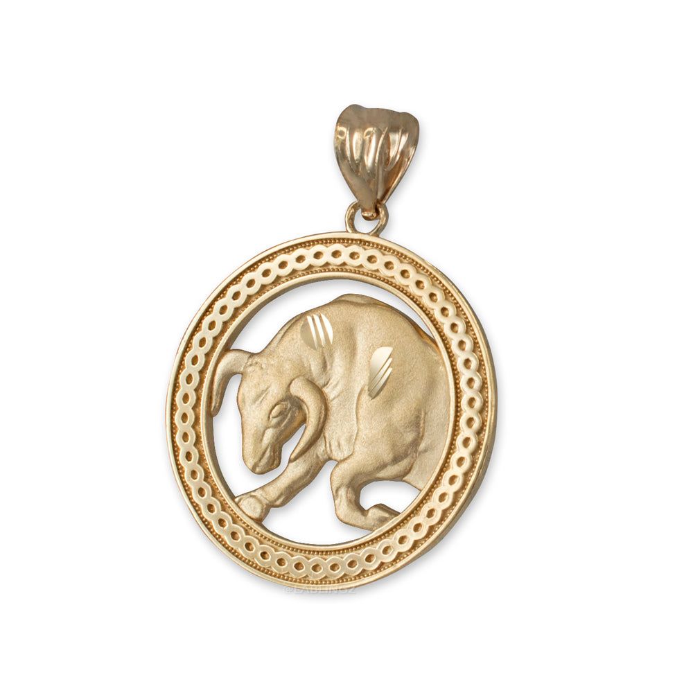 Gold Taurus Zodiac Sign Medallion Pendant Necklace (yellow, white, rose, 10K, 14K) Karma Blingz