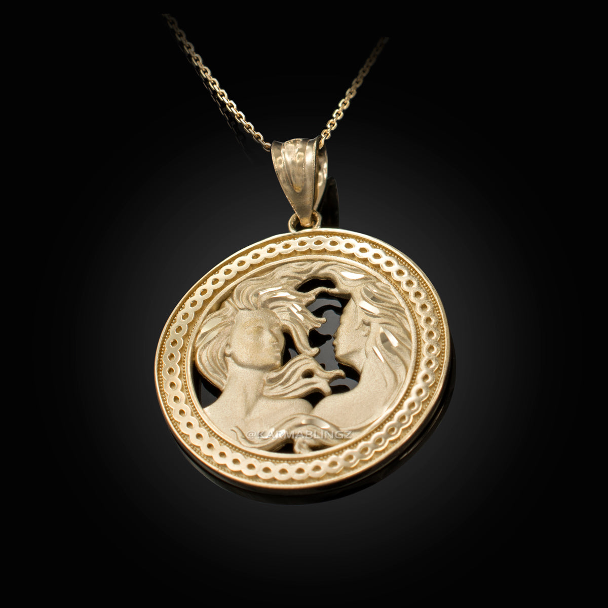 Gold Gemini Zodiac Sign Medallion Pendant Necklace (yellow, white, rose, 10K, 14K) Karma Blingz
