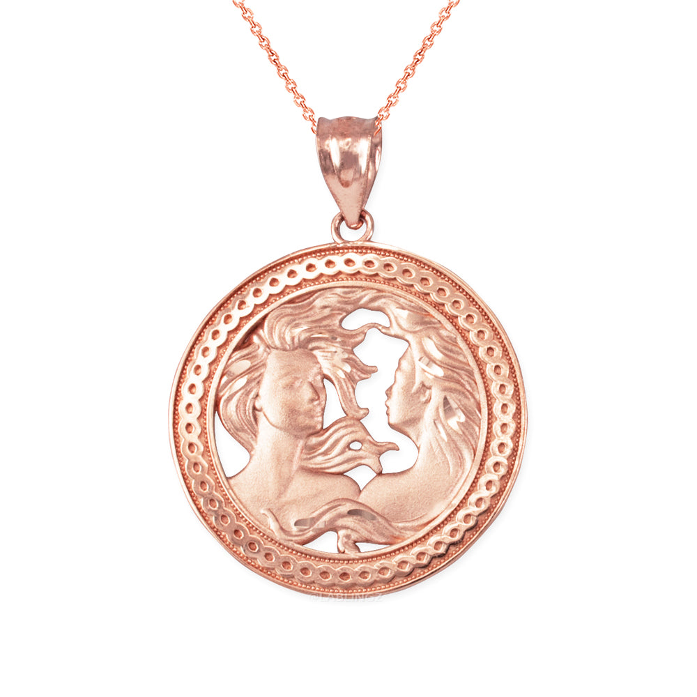 Gold Gemini Zodiac Sign Medallion Pendant Necklace (yellow, white, rose, 10K, 14K) Karma Blingz