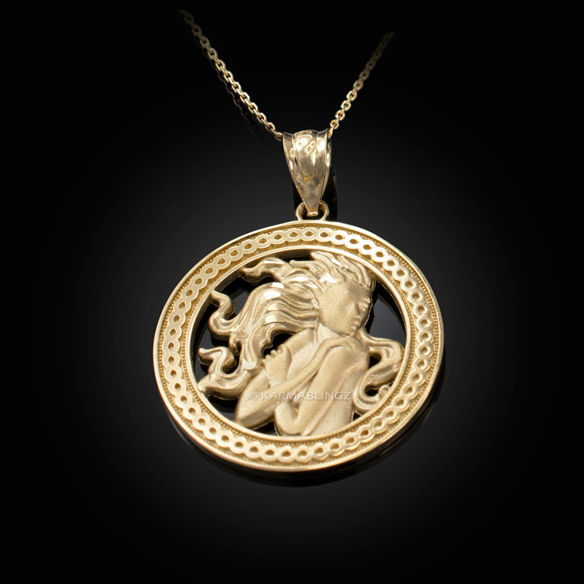 Gold Virgo Zodiac Sign Medallion Pendant Necklace (yellow, white, rose, 10K, 14K) Karma Blingz