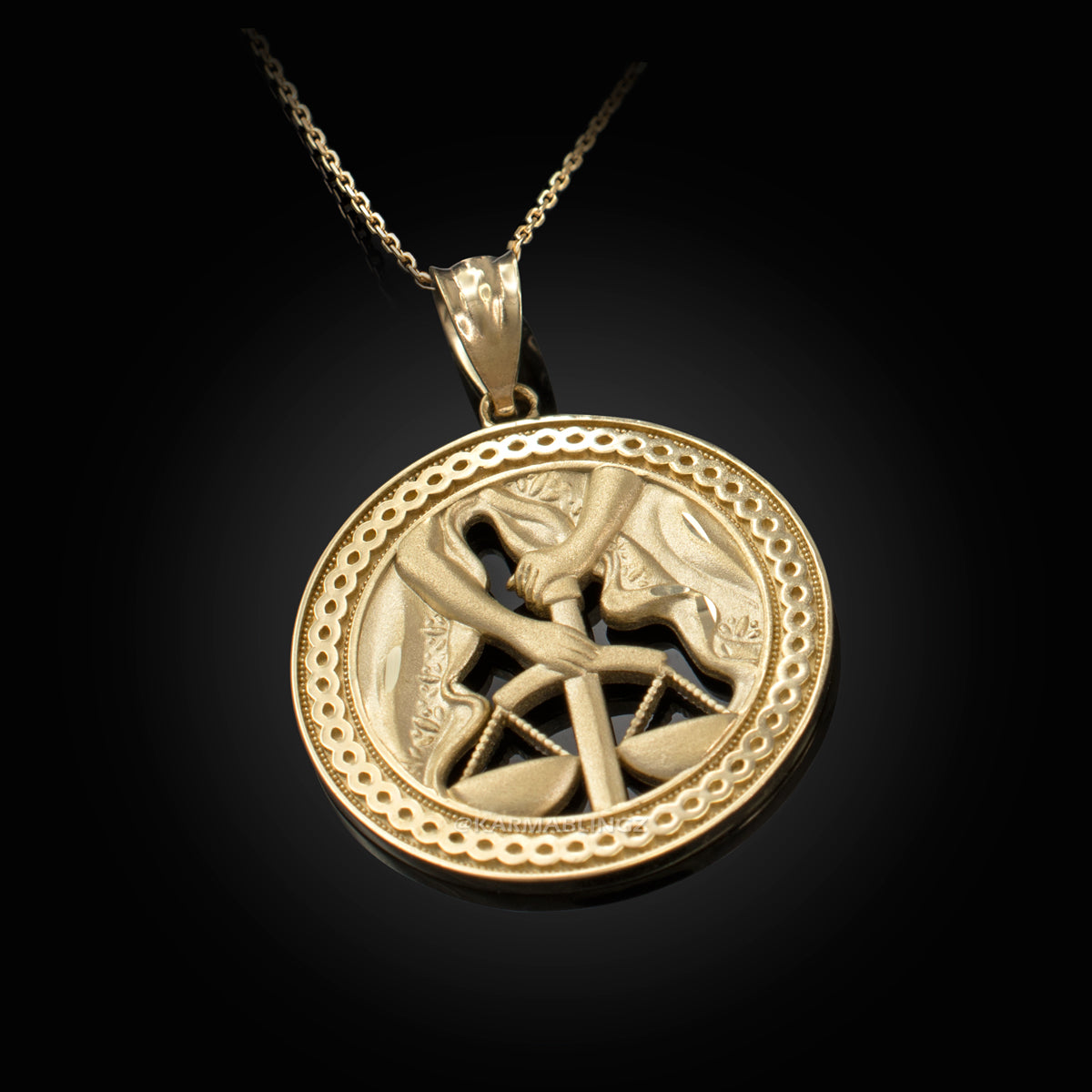 Gold Libra Zodiac Sign Medallion Pendant Necklace (yellow, white, rose, 10K, 14K) Karma Blingz