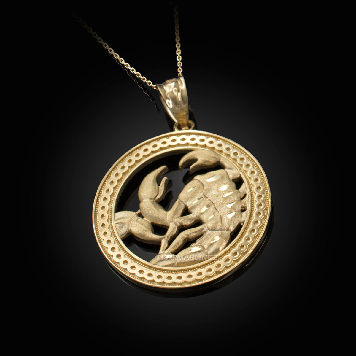 Gold Scorpio Zodiac Sign Medallion Pendant Necklace (yellow, white, rose, 10K, 14K) Karma Blingz
