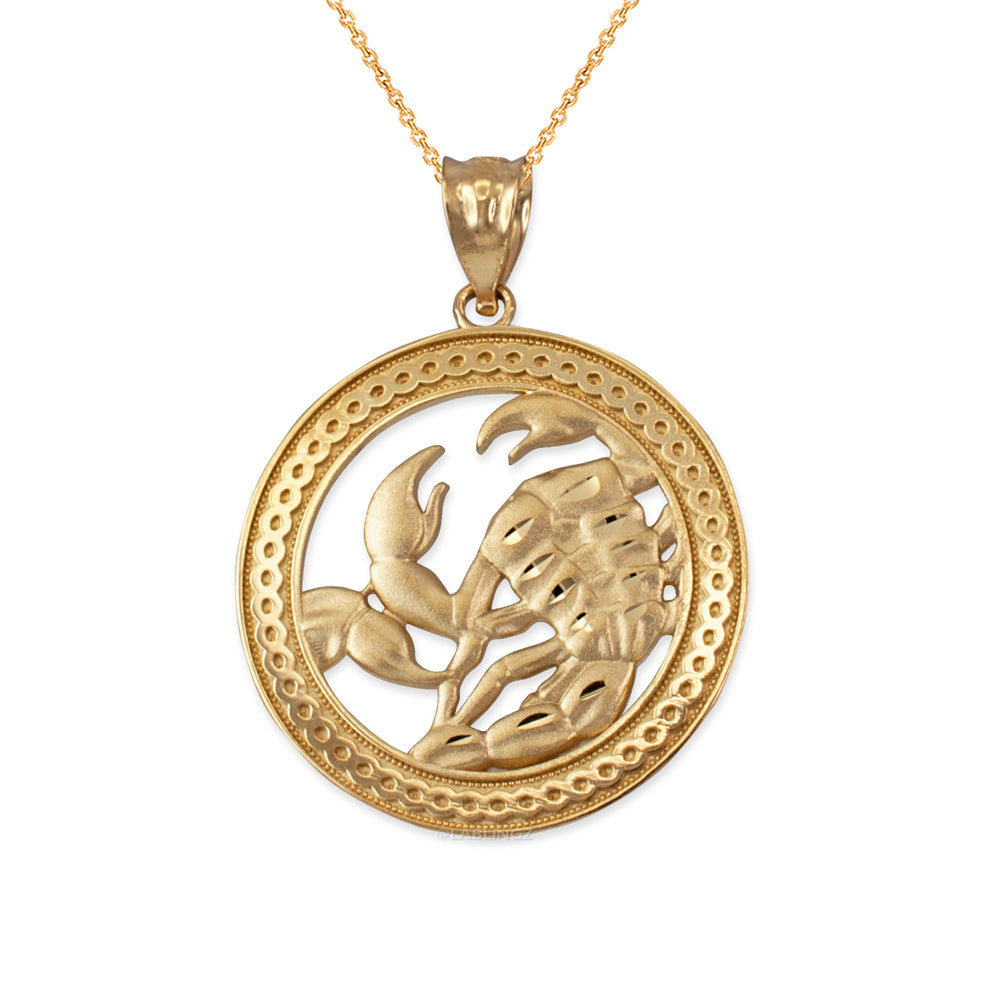 Gold Scorpio Zodiac Sign Medallion Pendant Necklace (yellow, white, rose, 10K, 14K) Karma Blingz
