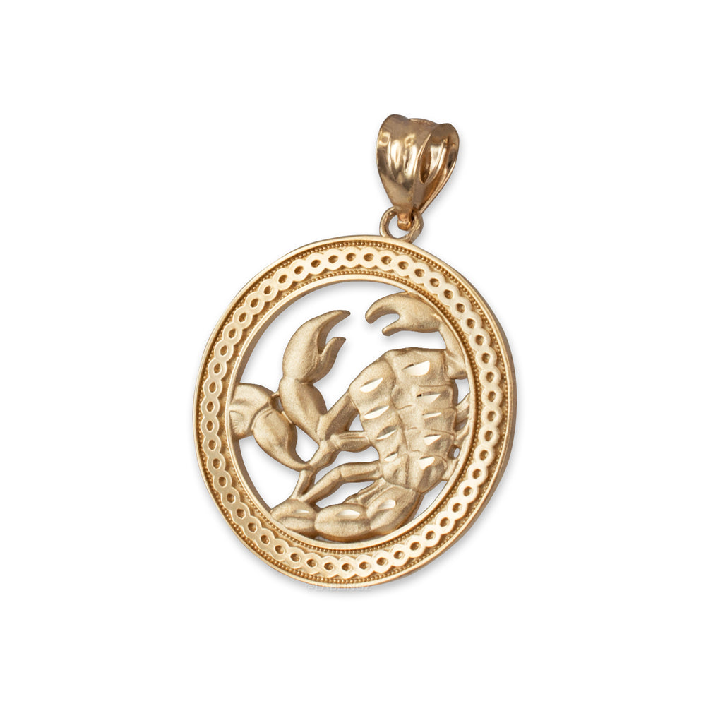Gold Scorpio Zodiac Sign Medallion Pendant Necklace (yellow, white, rose, 10K, 14K) Karma Blingz