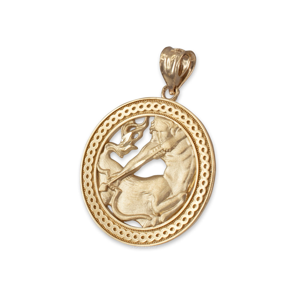 Gold Sagittarius Zodiac Sign Medallion Pendant Necklace (yellow, white, rose, 10K, 14K) Karma Blingz