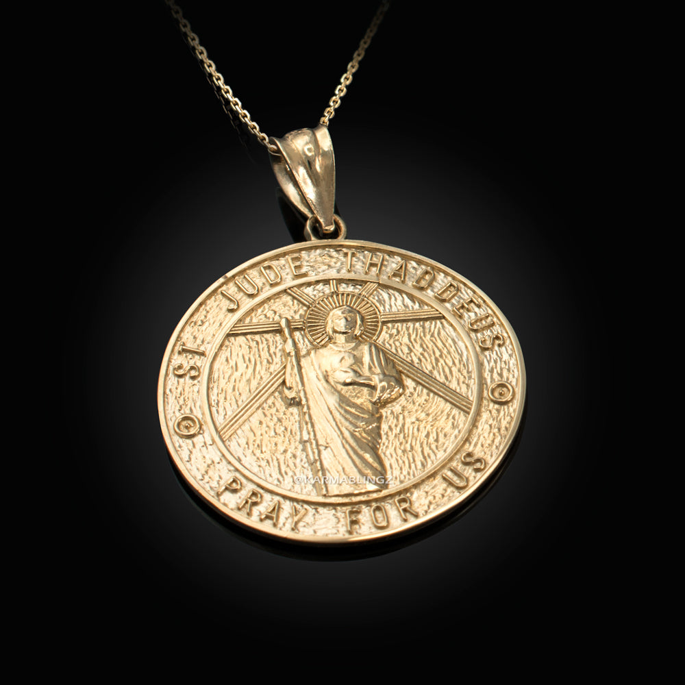 Gold Saint Jude Medal Pendant Necklace (yellow, white, rose, 2-tone, 10k, 14k) Karma Blingz