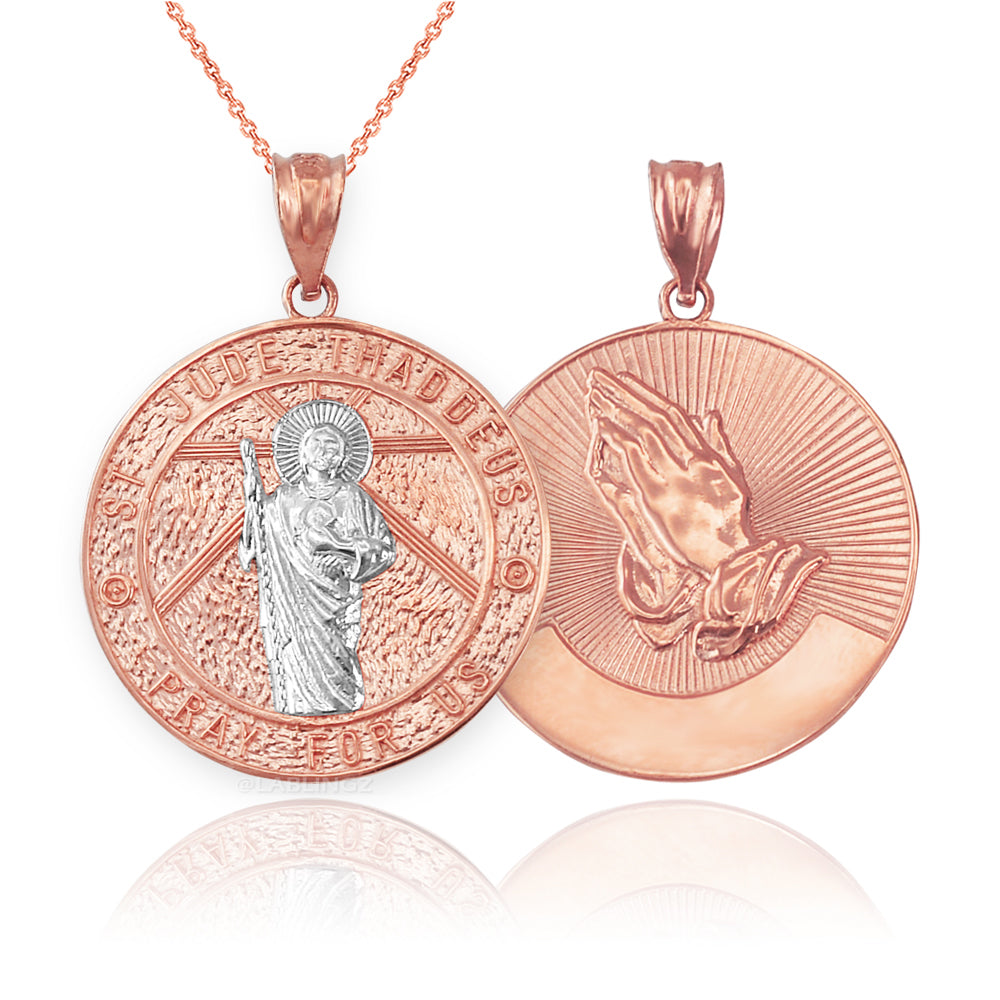 Gold Saint Jude Medal Pendant Necklace (yellow, white, rose, 2-tone, 10k, 14k) Karma Blingz