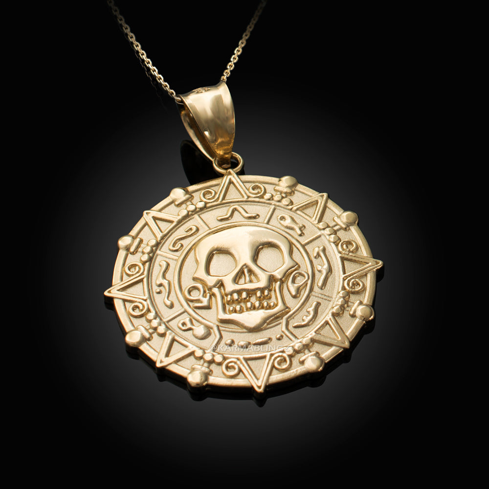 Gold Aztec Coin Pirates of The Caribbean Skull Medallion Pendant Necklace (yellow, white, rose) Karma Blingz