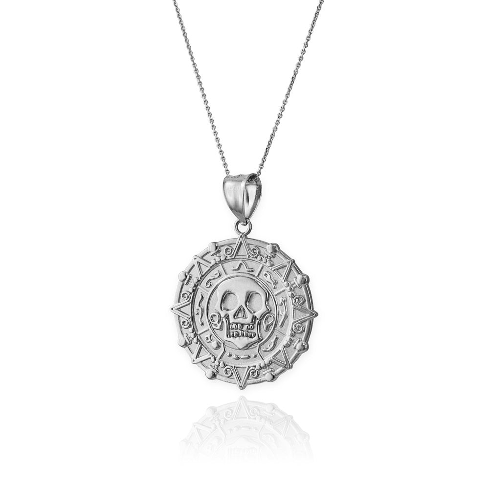 Sterling Silver Aztec Coin Pirates of The Caribbean Skull Medallion Pendant Necklace Karma Blingz