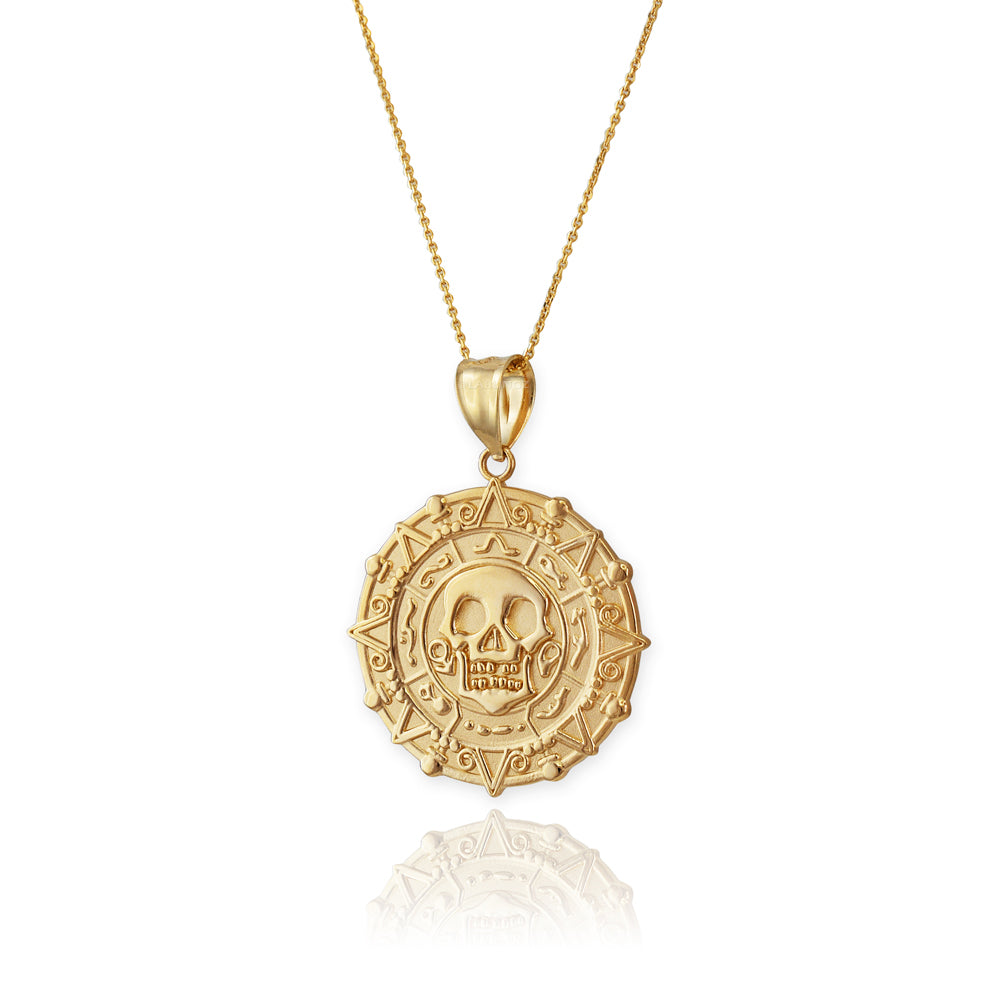 Gold Aztec Coin Pirates of The Caribbean Skull Medallion Pendant Necklace (yellow, white, rose) Karma Blingz