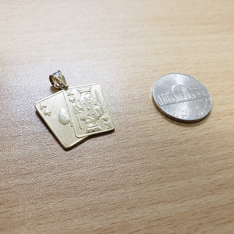 Gold Ace and King of Spades Playing Cards Pendant Necklace (yellow, white, rose, 2-tone, 10k, 14k) Karma Blingz