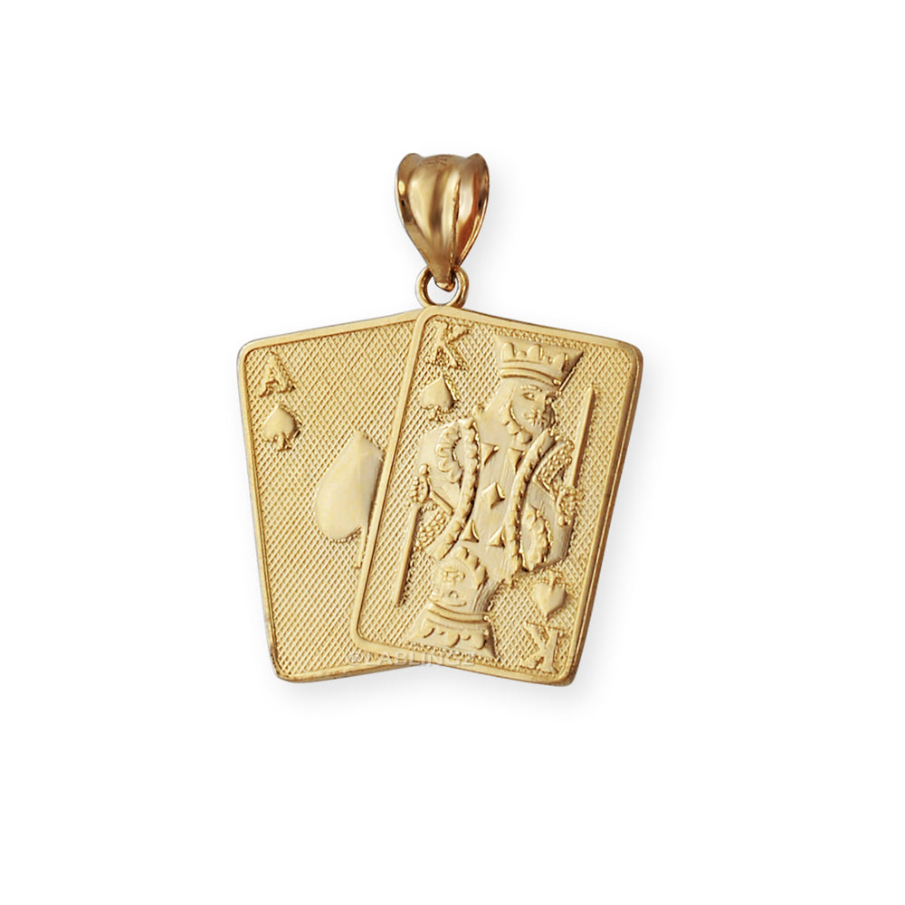 Gold Ace and King of Spades Playing Cards Pendant Necklace (yellow, white, rose, 2-tone, 10k, 14k) Karma Blingz