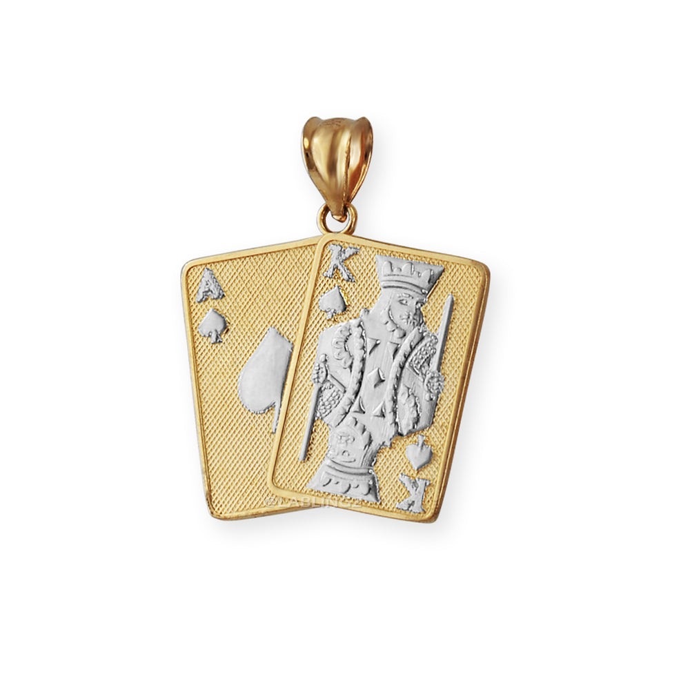 Gold Ace and King of Spades Playing Cards Pendant Necklace (yellow, white, rose, 2-tone, 10k, 14k) Karma Blingz
