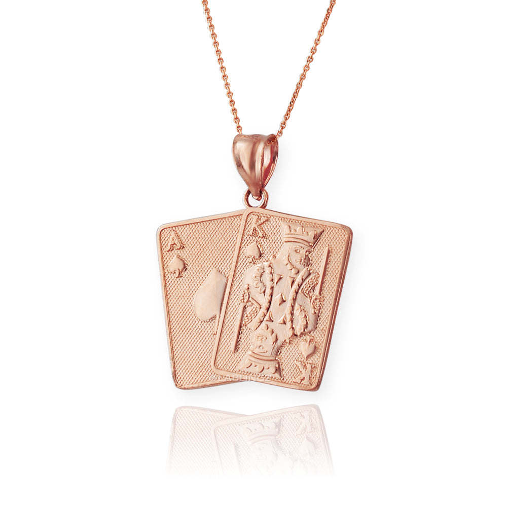 Gold Ace and King of Spades Playing Cards Pendant Necklace (yellow, white, rose, 2-tone, 10k, 14k) Karma Blingz