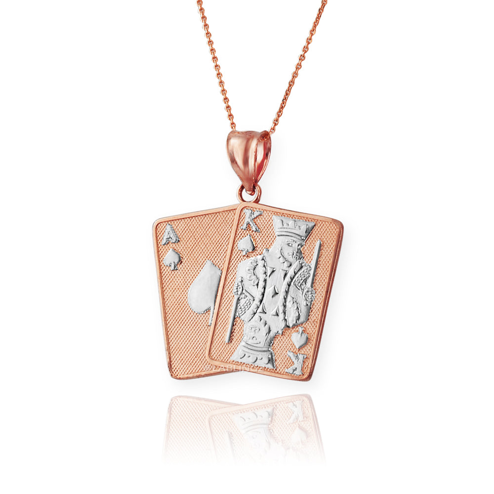Gold Ace and King of Spades Playing Cards Pendant Necklace (yellow, white, rose, 2-tone, 10k, 14k) Karma Blingz