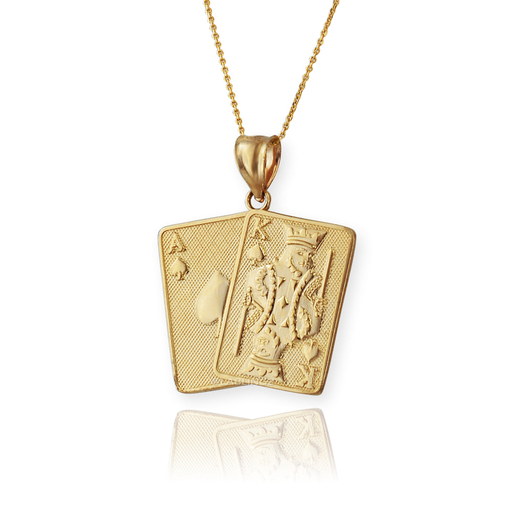 Gold Ace and King of Spades Playing Cards Pendant Necklace (yellow, white, rose, 2-tone, 10k, 14k) Karma Blingz